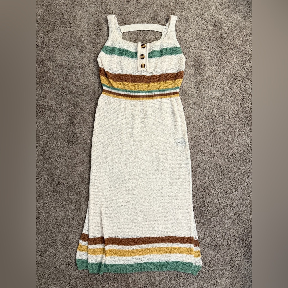 POL Maxi Dress Women Size S/M/L Beige Colorful Stripes Sleeveless Pencil Dress